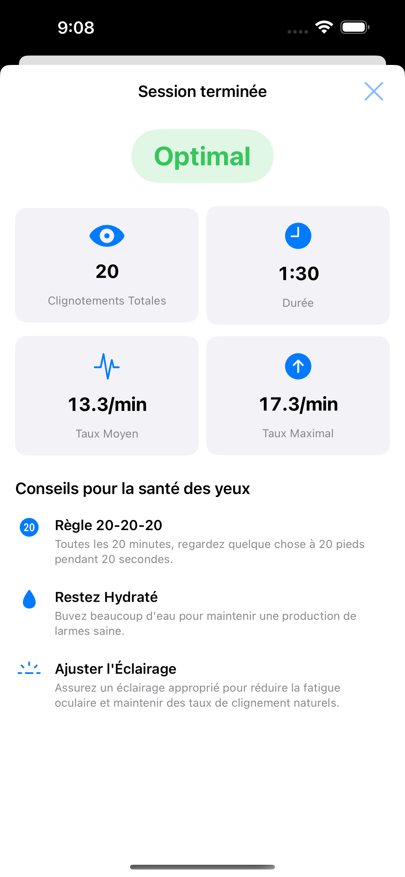 Écran de résumé de session
